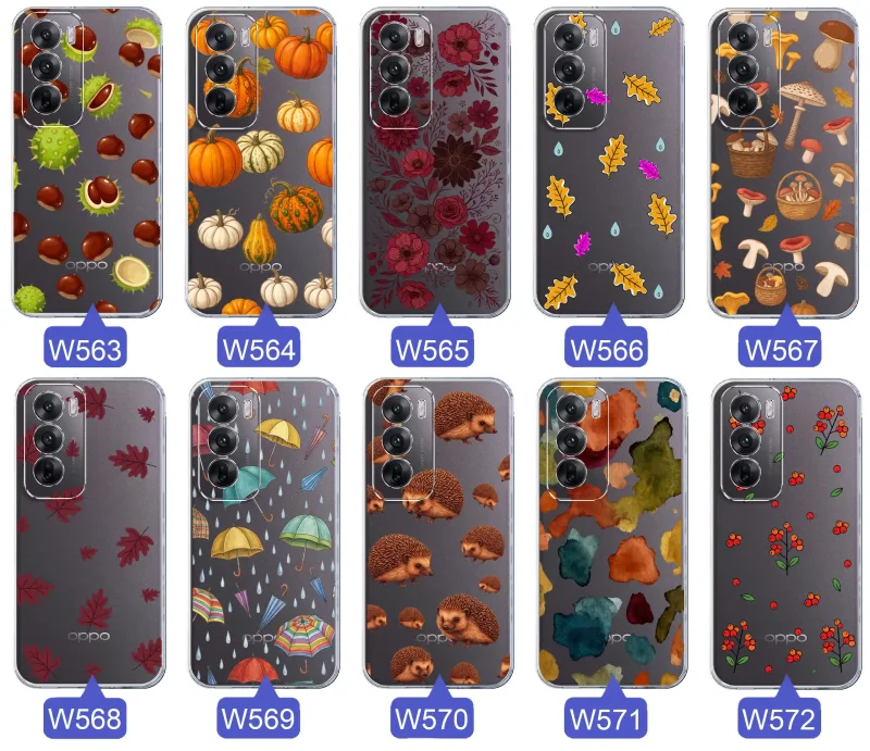 Kolekcja jesiennych etui do Oppo Reno 12 5G z kolorowymi wzorami dyni, kasztanów, kwiatów, liści, grzybów i jeży
