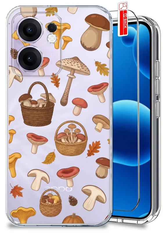 Przezroczyste etui jesienne do Oppo Reno 13 FS | F 5G z grzybami i koszykami oraz szkłem hartowanym 9H
