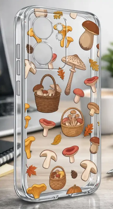 Etui Oppo Reno 13 FS | F 5G 2 mm z jesiennym wzorem grzybów i koszyków na przezroczystej powierzchni