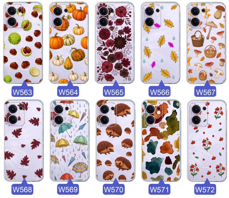 Kolekcja jesiennych etui do Oppo Reno 13 FS | F 5G z kolorowymi wzorami dyni, kasztanów, kwiatów, liści, grzybów i jeży