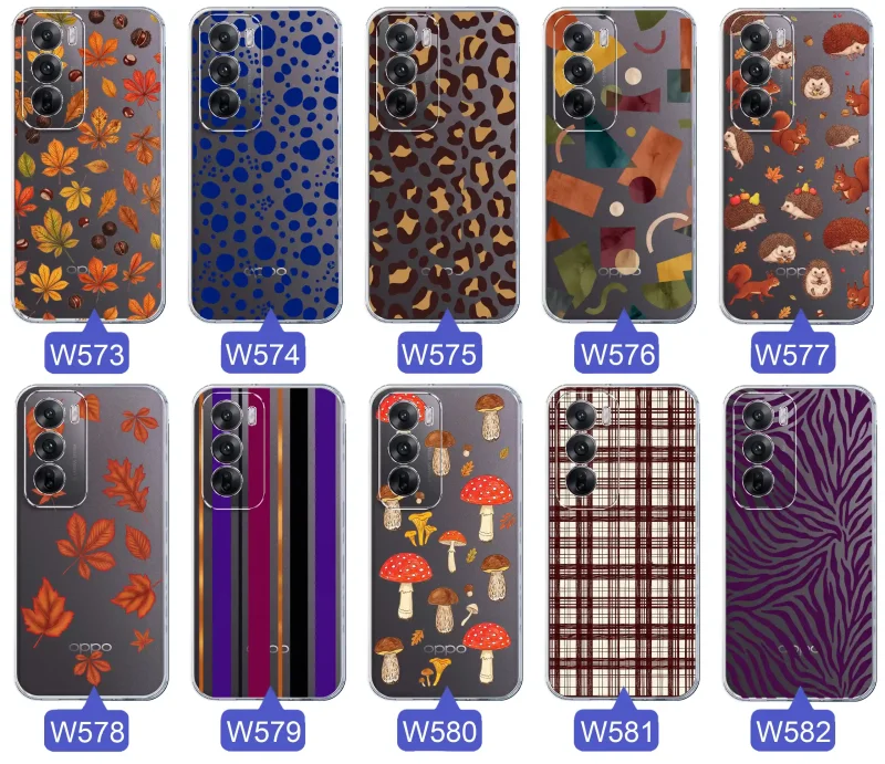 Przezroczyste etui do Oppo Reno 12 Pro 5G z jesiennymi wzorami: panterka, zebra, krata, paski i jesienne liście