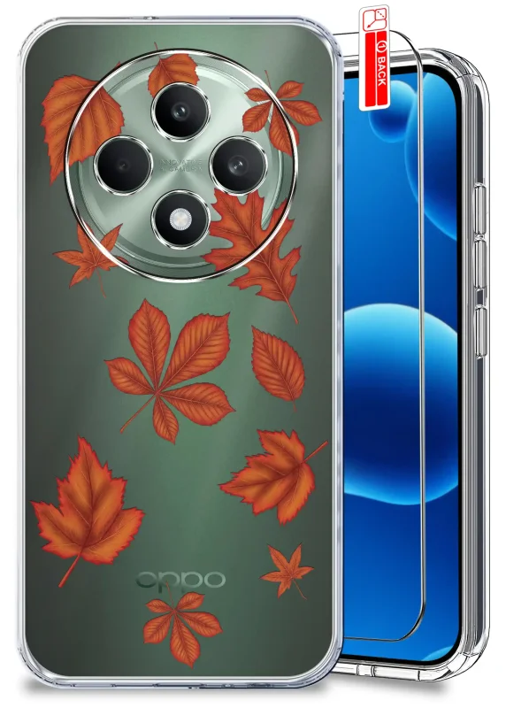 Przezroczyste etui jesienne do Oppo Reno 12 F | 12 FS 4G | 5G z pomarańczowymi liśćmi oraz szkłem hartowanym 9H