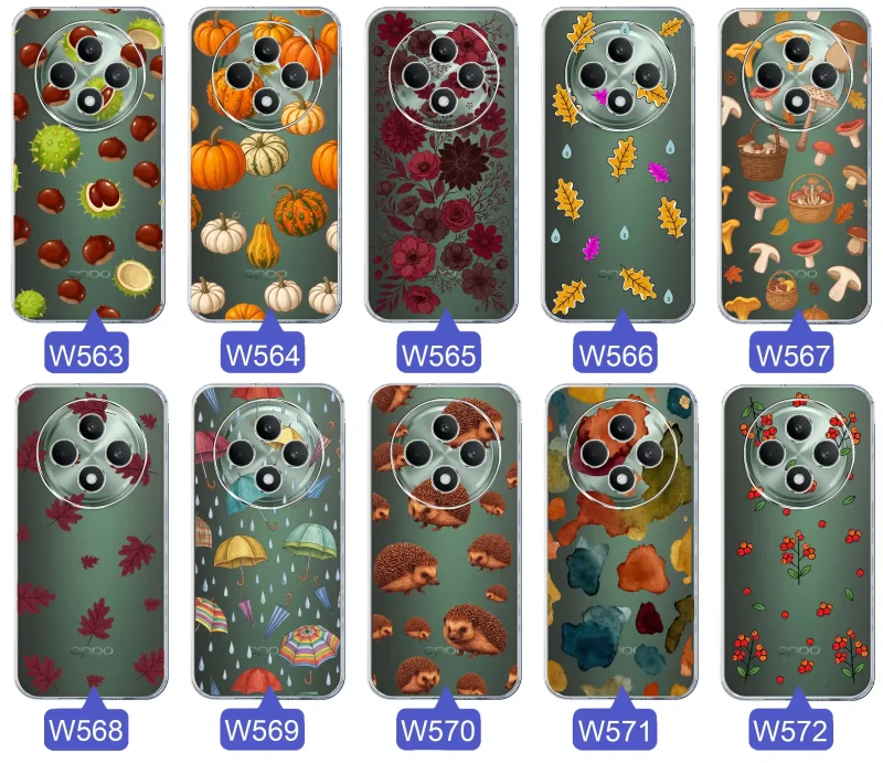 Kolekcja jesiennych etui do Oppo Reno 12 F | 12 FS 4G | 5G z kolorowymi wzorami dyni, kasztanów, kwiatów, liści, grzybów i jeży