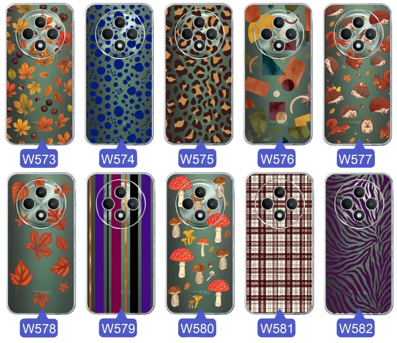 Przezroczyste etui do Oppo Reno 12 F | 12 FS 4G | 5G z jesiennymi wzorami: panterka, zebra, krata, paski i jesienne liście