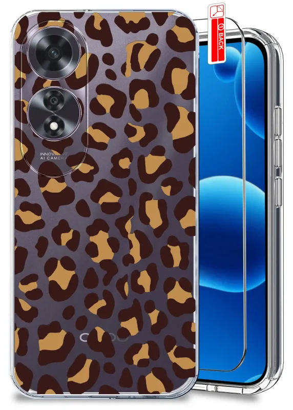 Przezroczyste etui jesienne do Oppo A60 4G z brązowo-beżowym wzorem panterki oraz szkłem hartowanym 9H