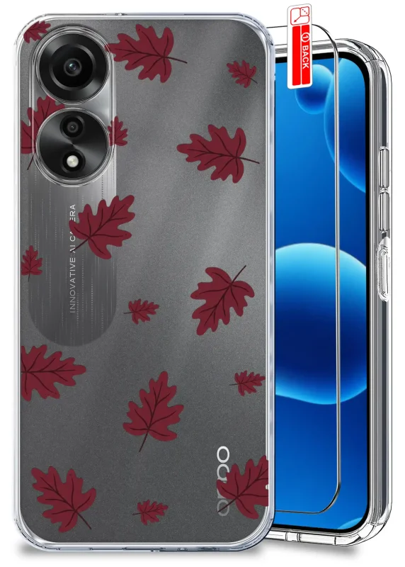 Przezroczyste etui jesienne do Oppo A78 4G z bordowymi liśćmi oraz szkłem hartowanym 9H