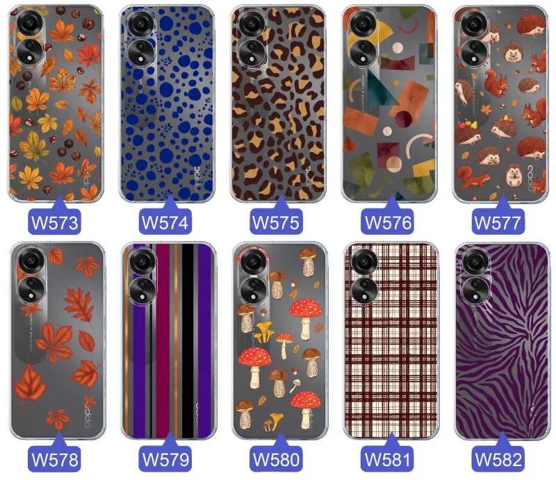 Przezroczyste etui do Oppo A78 4G z jesiennymi wzorami: panterka, zebra, krata, paski i jesienne liście