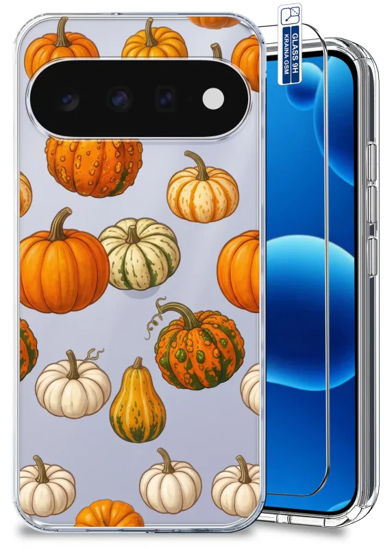 Przezroczyste etui jesienne do Google Pixel 11 Pro z nadrukiem dyni oraz szkłem hartowanym 9H