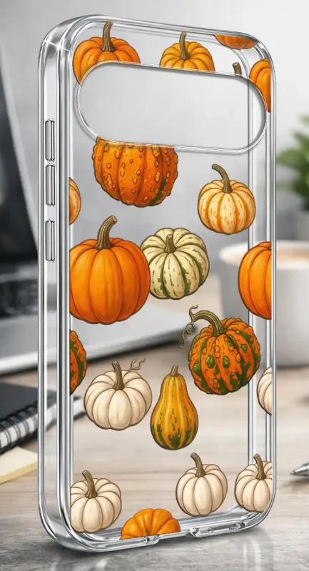 Etui Google Pixel 11 Pro 2 mm z jesiennym wzorem pomarańczowych i białych dyni na przezroczystej powierzchni