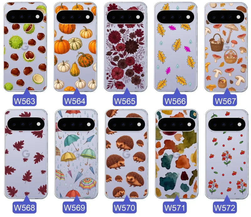Kolekcja jesiennych etui do Google Pixel 11 Pro z kolorowymi wzorami dyni, kasztanów, kwiatów, liści, grzybów i jeży