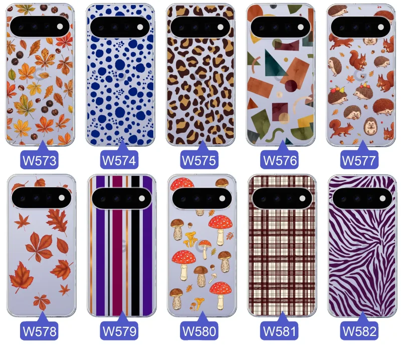 Przezroczyste etui do Google Pixel 11 Pro z jesiennymi wzorami: panterka, zebra, krata, paski i jesienne liście