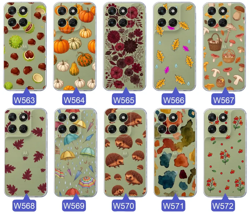 Kolekcja jesiennych etui do Motorola Moto G67 | G77 5G z kolorowymi wzorami dyni, kasztanów, kwiatów, liści, grzybów i jeży