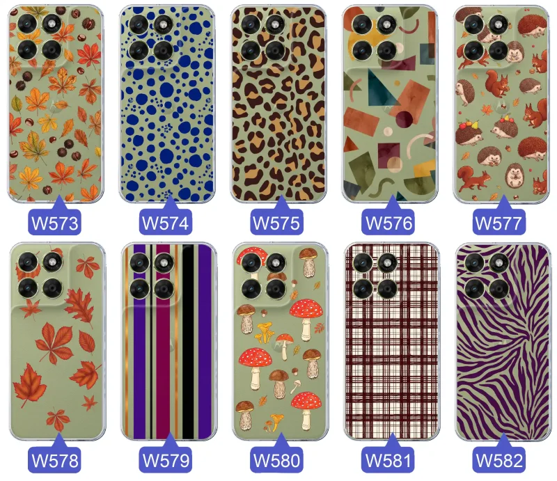Przezroczyste etui do Motorola Moto G67 | G77 5G z jesiennymi wzorami: panterka, zebra, krata, paski i jesienne liście