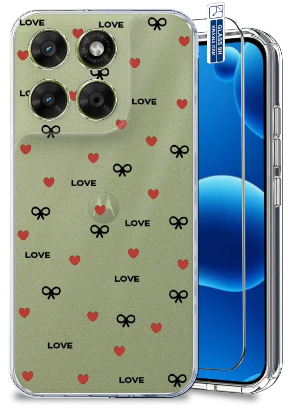 Przezroczyste etui walentynkowe do Motorola Moto G67 | G77 5G z czerwonymi sercami, kokardkami i napisami LOVE oraz szkłem hartowanym 9H