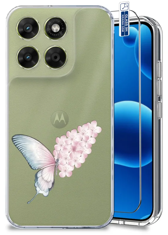 Przezroczyste etui wiosenne do Motorola Moto G67 | G77 5G z motylem i różowymi kwiatami oraz szkłem hartowanym 9H