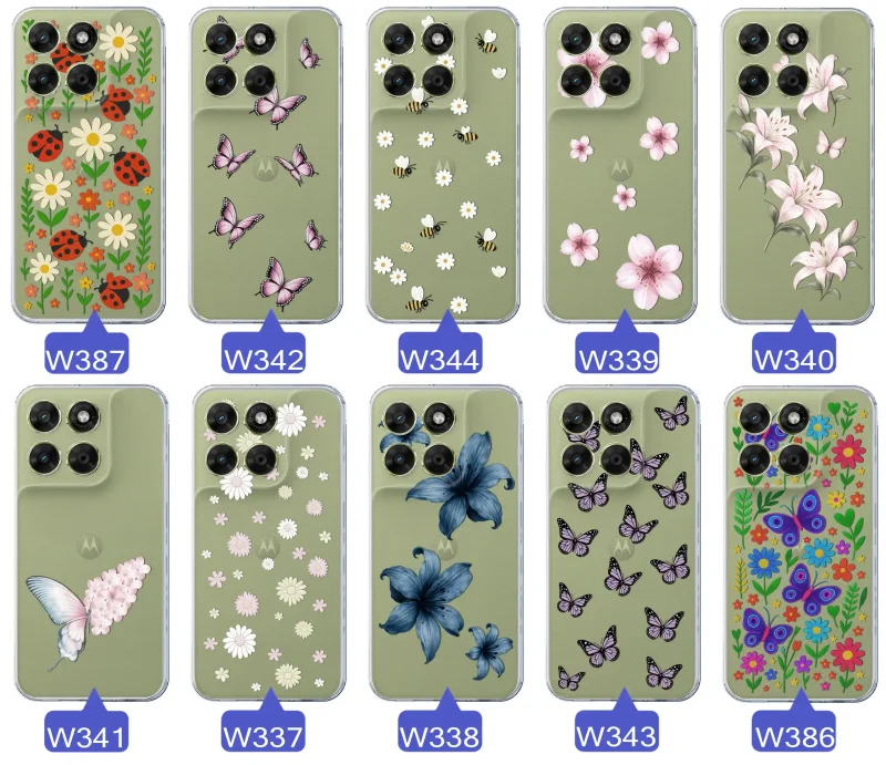 Kolekcja etui wiosennych Motorola Moto G67 | G77 5G: różnorodne wzory kwiatki, motylki, pszczółki, biedronki na przezroczystym case