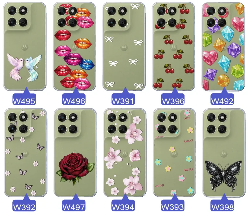 Różne kolorowe stylowe wzory na etui do Motorola Moto G67 | G77 5G: kwiaty, wiśnie, ptaszki, usta, kokardy