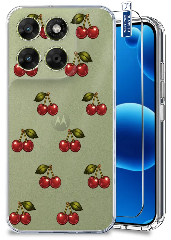 Przezroczyste etui do Motorola Moto G67 | G77 5G z czerwonym wzorem wisienek oraz szkłem hartowanym 9H