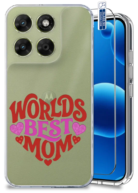 Przezroczyste etui dla Mamy do Motorola Moto G67 | G77 5G z napisem World’s Best Mom oraz szkłem hartowanym 9H