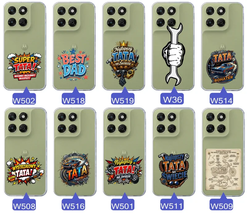 Różne wzory przezroczystych etui dla Taty do Motorola Moto G67 | G77 5G z kolorowymi nadrukami i motywami na Dzień Ojca i nie tylko