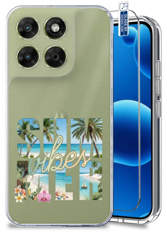 Przezroczyste etui wakacyjne do Motorola Moto G67 | G77 5G z nadrukiem SUN VIBES oraz szkłem hartowanym 9H