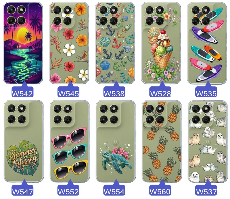 Kolekcja wakacyjnych wzorów etui do Motorola Moto G67 | G77 5G: palmy, kwiaty, kotwice, lody, deski surfingowe, ananasy i foki