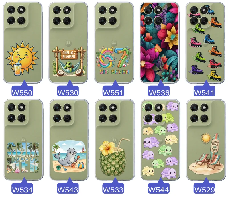 Kolekcja letnich wzorów etui do Motorola Moto G67 | G77 5G z motywami słońca, żółwia, six seven, tropikalnych kwiatów, rolek, plaży i kokosa