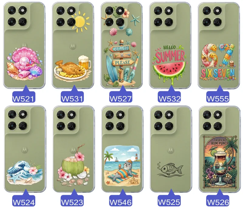 Różne wzory etui wakacyjnych do Motorola Moto G67 | G77 5G z grafikami muszelek, ryby, plaży, arbuza, lodów, foki, kokosa i tropikalnego drinka