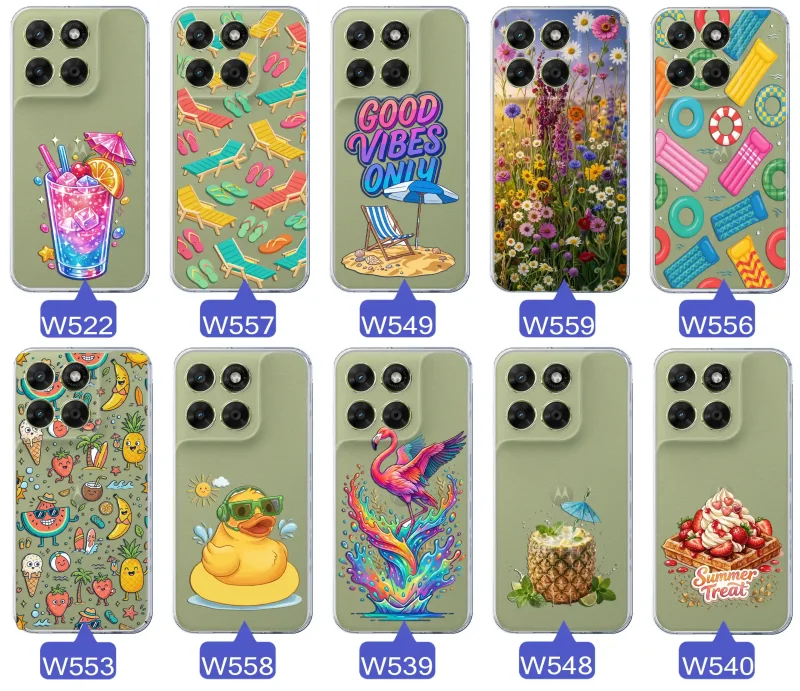 Zestaw przezroczystych etui do Motorola Moto G67 | G77 5G z wakacyjnymi motywami drinka, leżaków, napisu good vibes, kwiatów, flaminga, ananasa i deseru