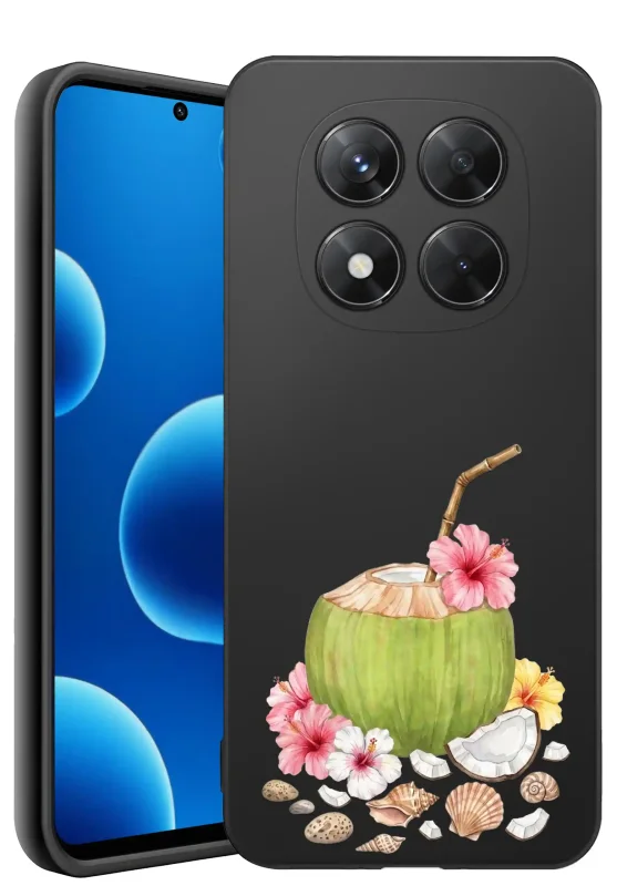 Etui wakacyjne do Xiaomi Redmi Note 14 Pro+ Plus 5G czarne z nadrukiem zielonego kokosa, kolorowych kwiatów hibiskusa i muszelek