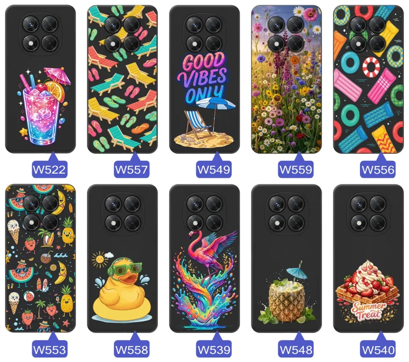 Różne letnie wzory etui do Xiaomi Redmi Note 14 Pro+ Plus 5G z motywami leżaków, napojów, kwiatów, materacy, flamingów i owoców