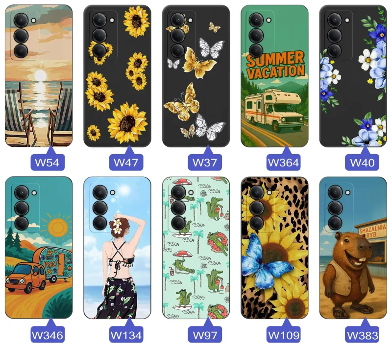 Zestaw etui do Xiaomi Redmi 15 4G | 5G z letnimi wzorami słoneczników, motyli, kampera, plaży, krokodyli i kapibary