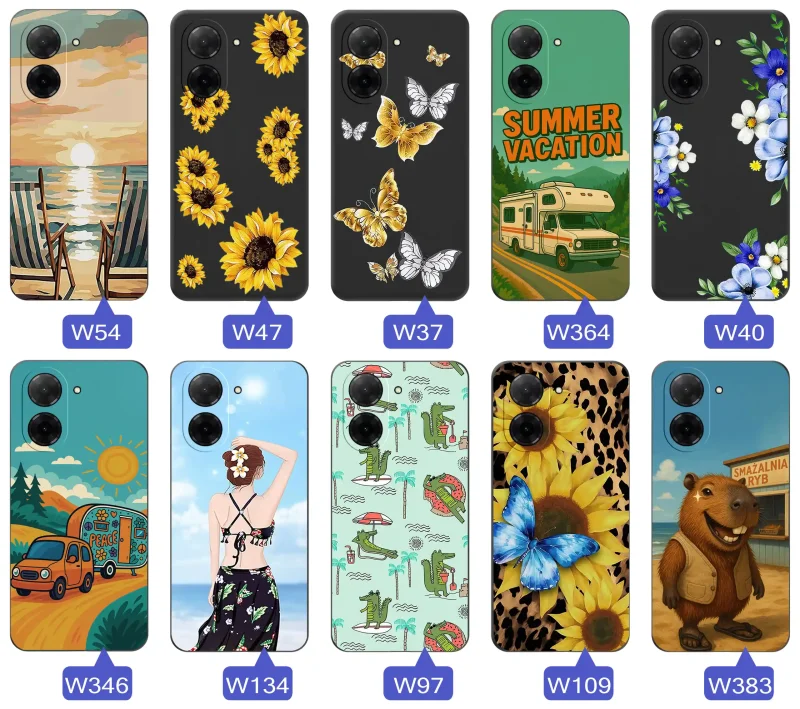 Zestaw etui do Xiaomi Redmi A5 z letnimi wzorami słoneczników, motyli, kampera, plaży, krokodyli i kapibary