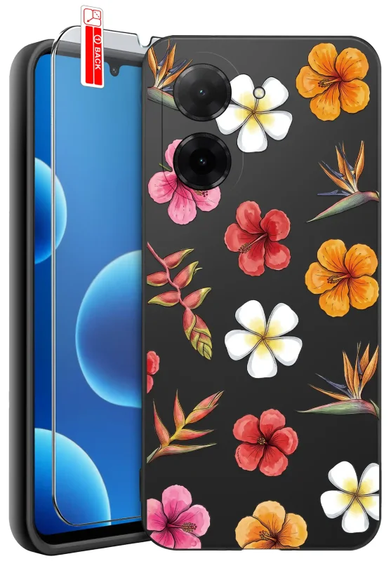 Etui wakacyjne do Xiaomi Redmi A5 czarne z nadrukiem kolorowych kwiatów hibiskusa, plumerii i tropikalnych roślin oraz szkłem hartowanym 9H