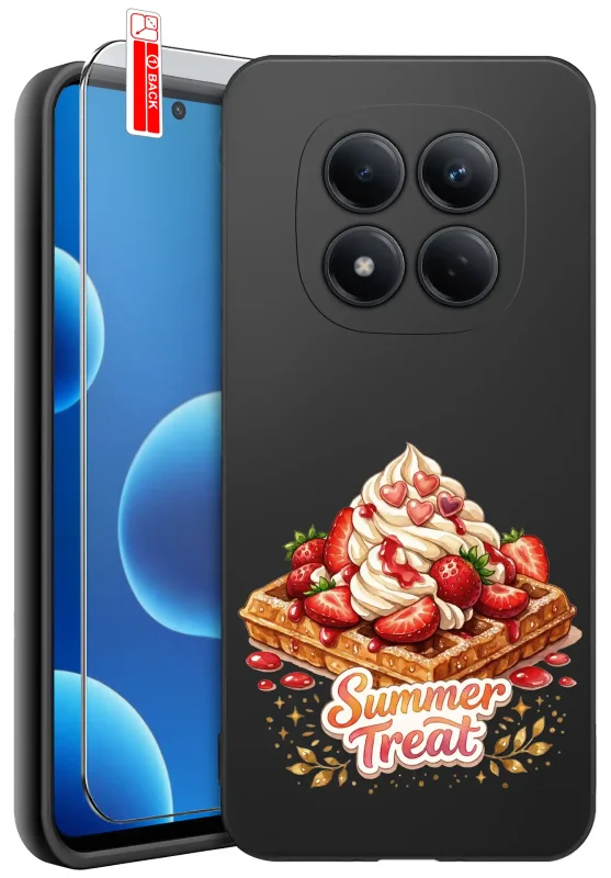 Etui wakacyjne do Xiaomi Redmi Note 15 Pro 4G czarne z nadrukiem gofra z truskawkami, bitą śmietaną i napisem Summer Treat oraz szkłem hartowanym 9H