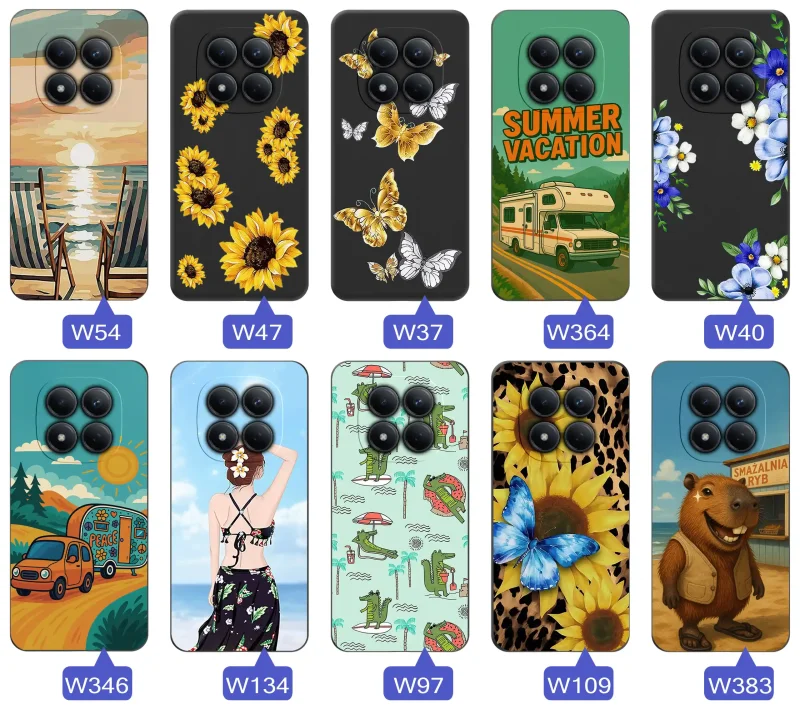 Zestaw etui do Xiaomi Redmi Note 15 Pro 4G z letnimi wzorami słoneczników, motyli, kampera, plaży, krokodyli i kapibary