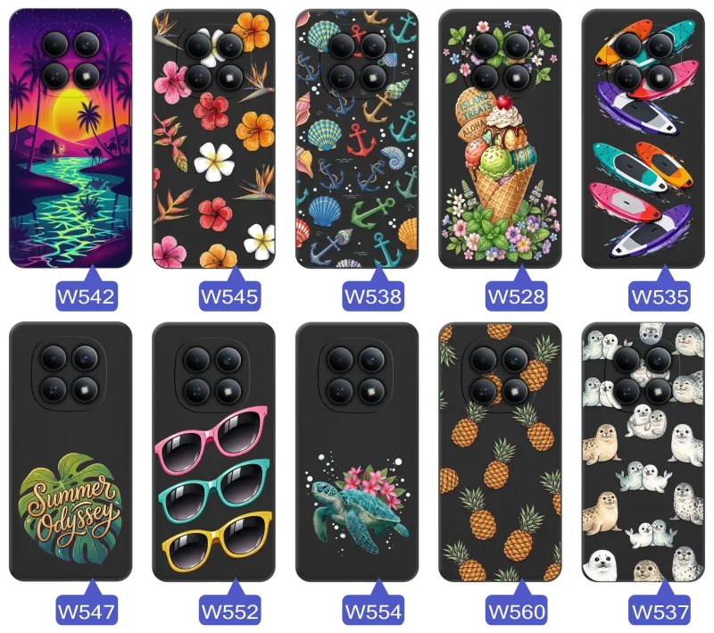 Kolekcja etui wakacyjnych do Xiaomi Redmi Note 15 4G z palmami, kwiatami, kotwicami, lodami, deskami SUP, fokami i ananasami