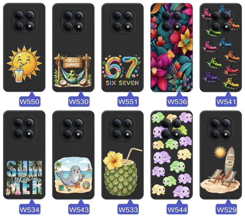 Różne etui wakacyjne do Xiaomi Redmi Note 15 4G ze słońcem, hamakiem, motywem 67, kwiatami, rolkami i plażowymi grafikami