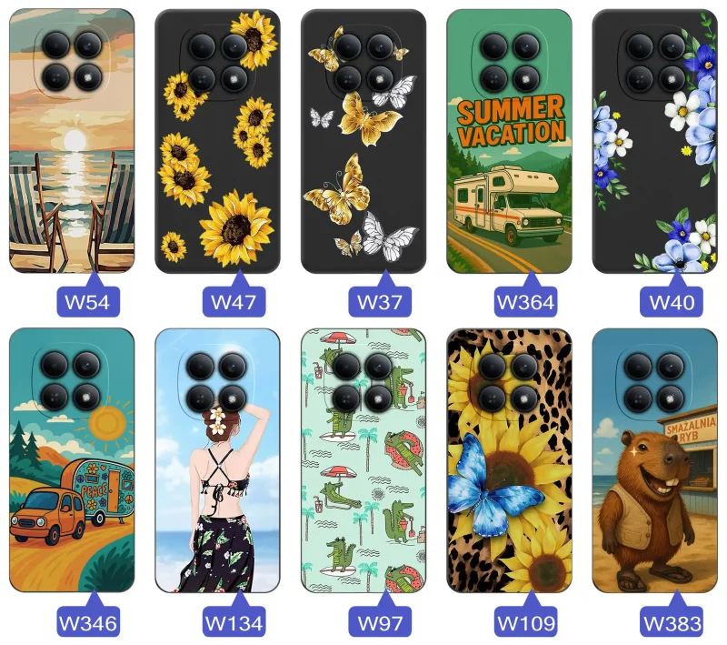 Zestaw etui do Xiaomi Redmi Note 15 4G z letnimi wzorami słoneczników, motyli, kampera, plaży, krokodyli i kapibary