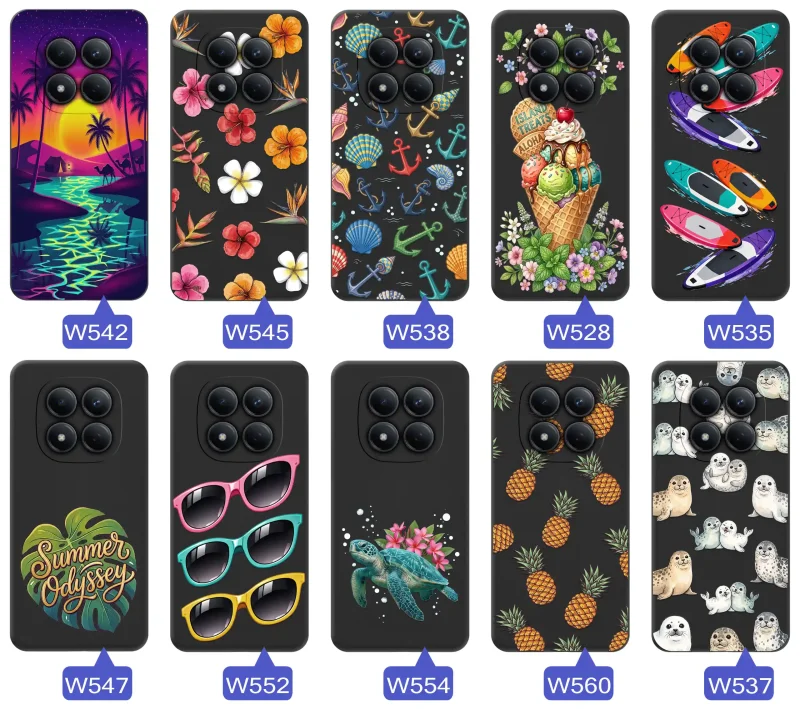Kolekcja etui wakacyjnych do Xiaomi Redmi Note 15 Pro+ Plus 5G z palmami, kwiatami, kotwicami, lodami, deskami SUP, fokami i ananasami