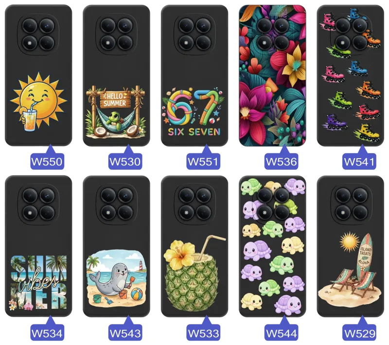 Różne etui wakacyjne do Xiaomi Redmi Note 15 Pro+ Plus 5G ze słońcem, hamakiem, motywem 67, kwiatami, rolkami i plażowymi grafikami