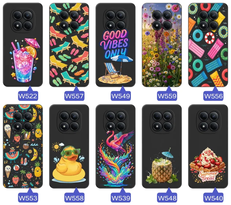 Różne letnie wzory etui do Xiaomi Redmi Note 15 Pro+ Plus 5G z motywami leżaków, napojów, kwiatów, materacy, flamingów i owoców