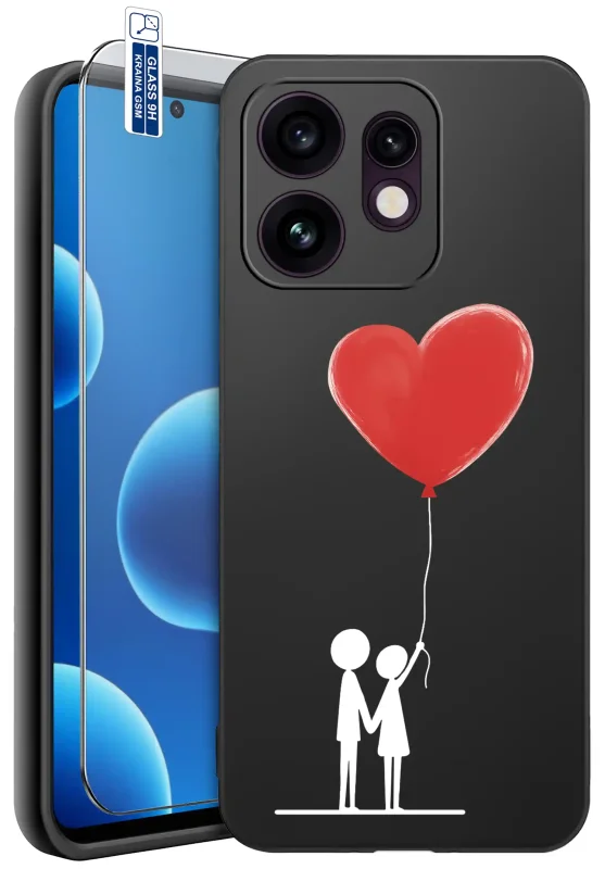 Etui walentynkowe do Oppo Reno 16 / 16 5G czarne z nadrukiem zakochanej pary trzymającej czerwony balon w kształcie serca oraz szkłem hartowanym 9H
