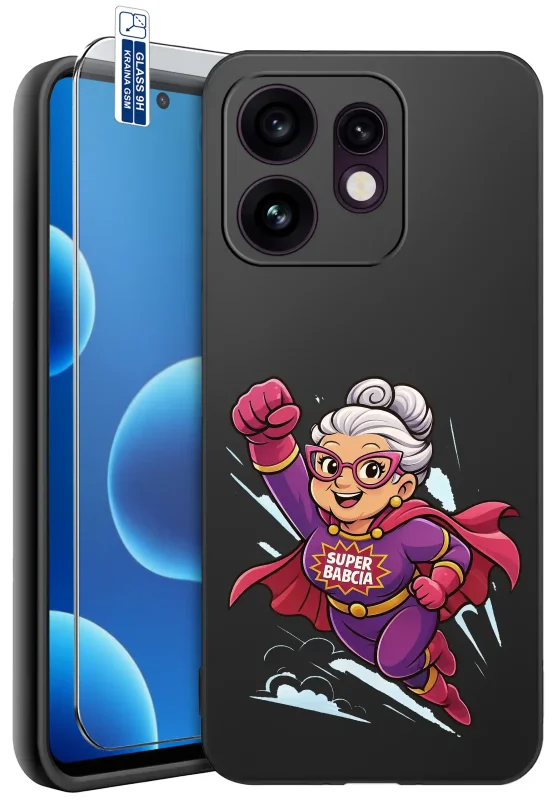 Etui dla Babci do Oppo Reno 16 | 16 5G czarne z kolorowym nadrukiem Babci w stroju superbohaterki, różowej pelerynie i napisem Super Babcia oraz szkłem hartowanym 9H