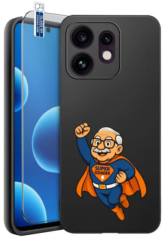 Etui dla Dziadka do Oppo Reno 16 | 16 5G czarne z kolorowym nadrukiem Super Dziadka w niebieskim stroju superbohatera z pomarańczową peleryną oraz szkłem hartowanym 9H