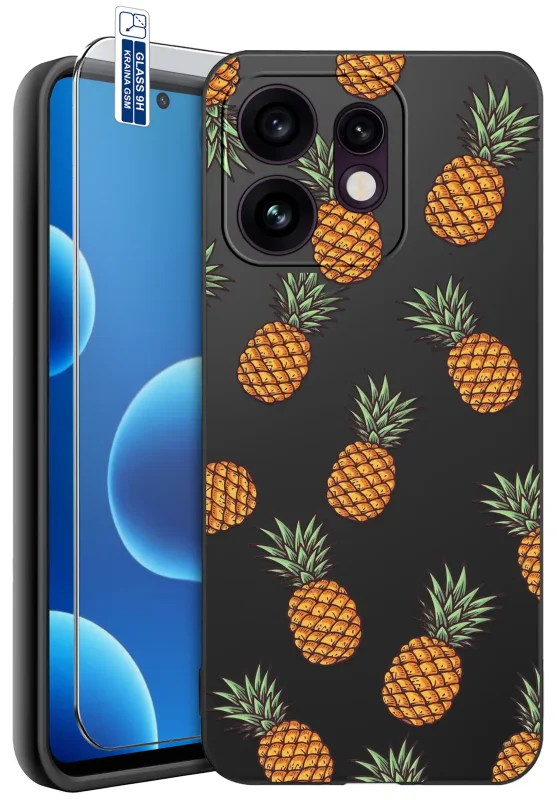 Etui wakacyjne do Oppo Reno 16 | 16 5G z wzorem ananasów na czarnym tle oraz szkłem hartowanym 9H