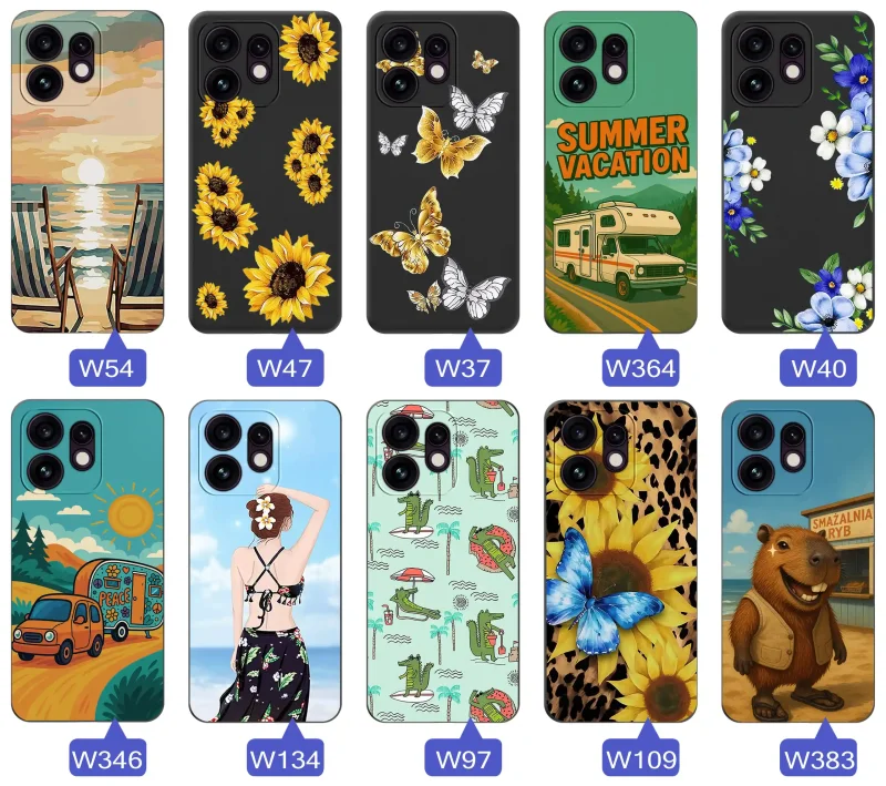 Zestaw etui do Oppo Reno 16 | 16 5G z letnimi wzorami słoneczników, motyli, kampera, plaży, krokodyli i kapibary