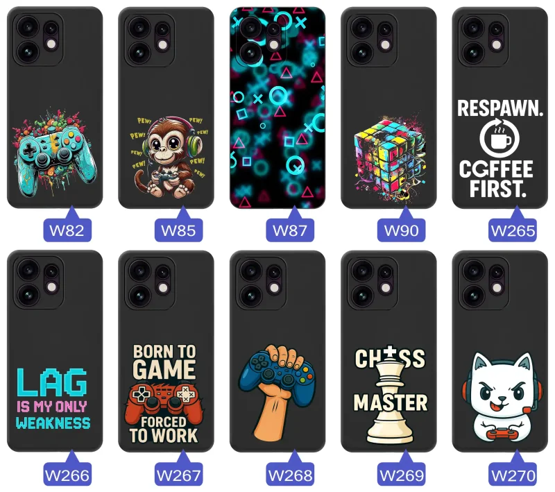 Kolekcja gamingowych etui do Oppo Reno 16 | 16 5G z motywami padów, neonowych symboli, retro haseł i pikselowych grafik inspirowanych światem gier