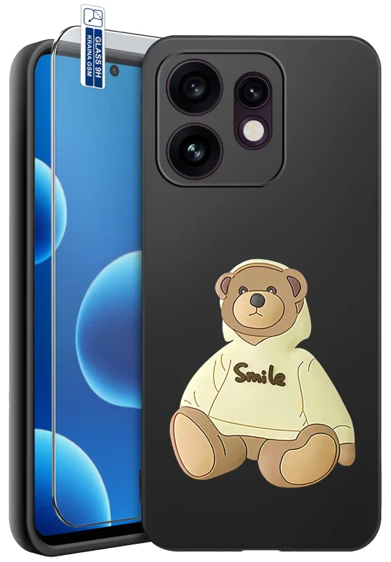 Etui z misiem do Oppo Reno 16 | 16 5G z beżowym misiem w bluzie z napisem „Smile” oraz szkłem hartowanym 9H