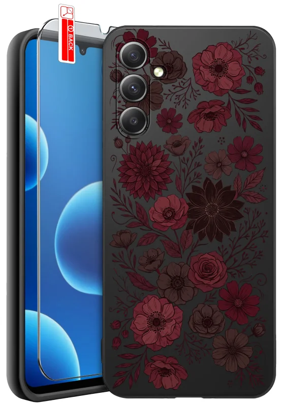 Etui jesienne do Samsung Galaxy A13 5G z nadrukiem bordowych i różowych kwiatów na czarnym pokrowcu oraz szkłem hartowanym 9H